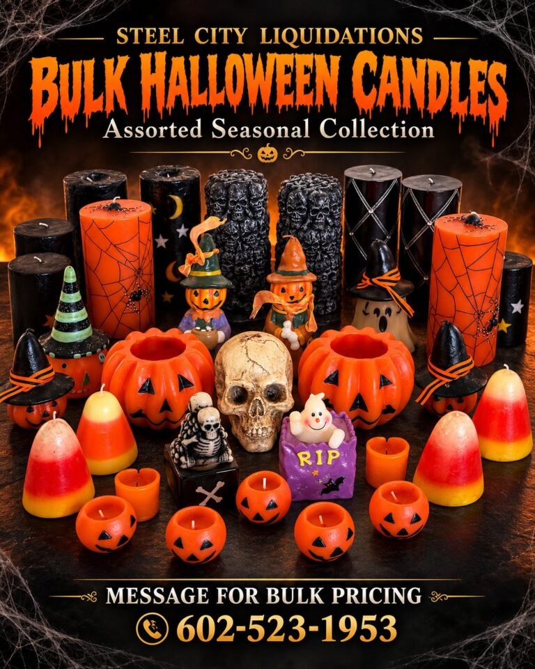 Bulk Halloween candles featuring pumpkins, skulls, ghosts, witches and candy corn designs