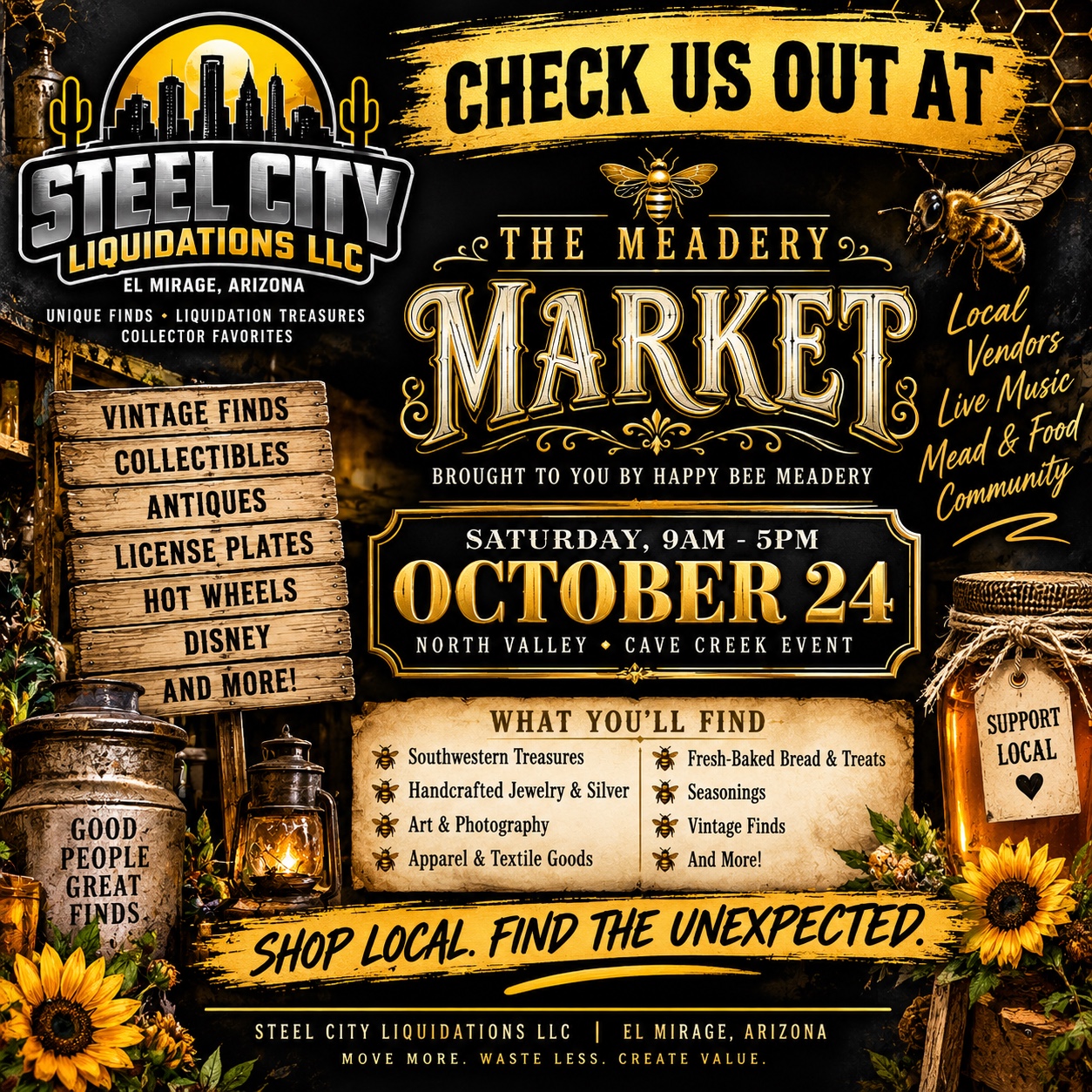 Steel City Liquidations at The Meadery Market, brought to you by Happy Bee Meadery. Saturday, October 24, 2026, 9 AM–5 PM. North Valley · Cave Creek event. Local vendors, live music, mead and food, vintage finds, collectibles, antiques, license plates, Hot Wheels, Disney, and more.